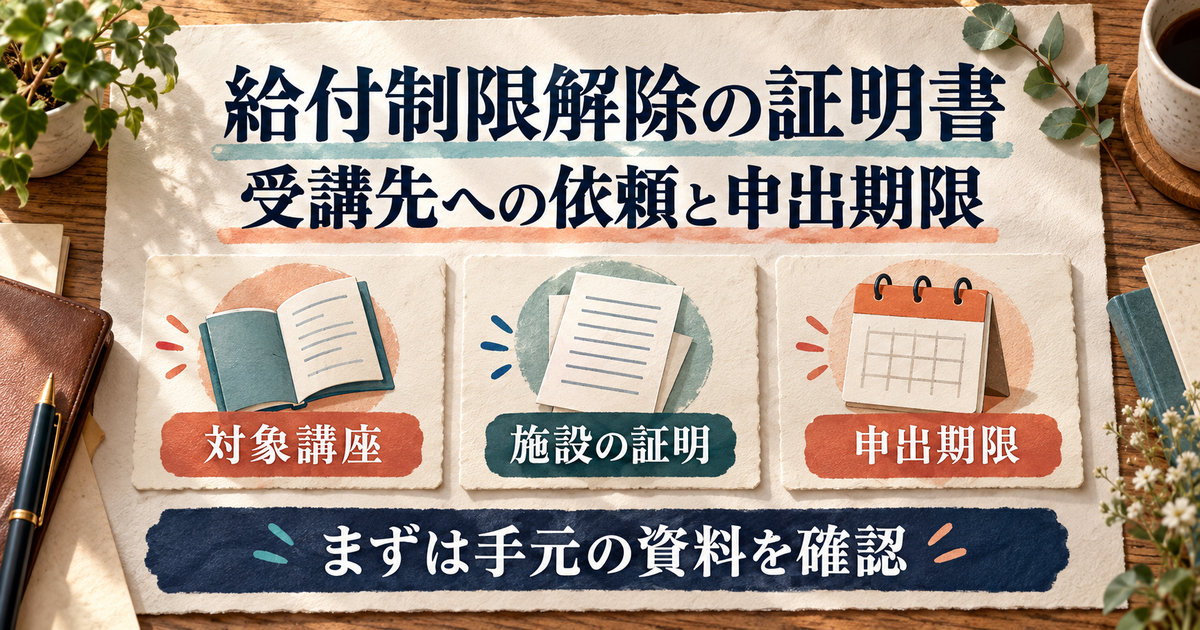 給付制限解除の準備で、対象講座・施設の証明・申出期限と手元の資料を確認する図