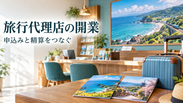 旅行かばんと架空の旅行写真がある旅行代理店の生成イメージ。実際に販売する旅行や店舗を撮影した写真ではありません
