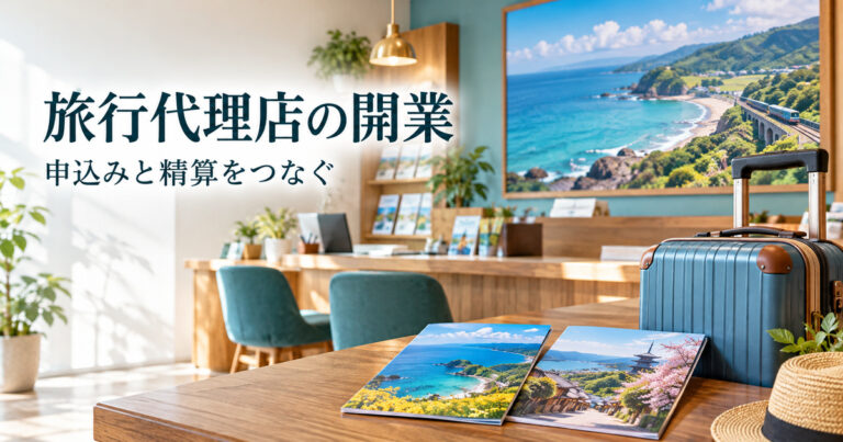 旅行かばんと架空の旅行写真がある旅行代理店の生成イメージ。実際に販売する旅行や店舗を撮影した写真ではありません