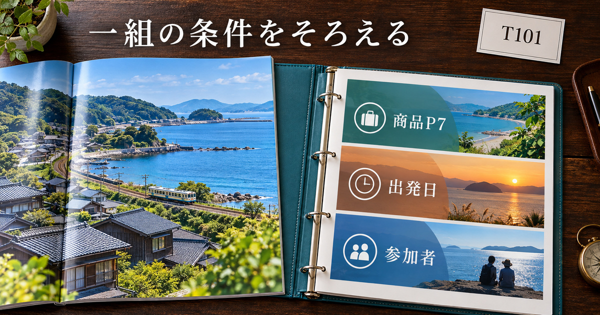 T101という架空の申込みへ商品・出発日・参加者を対応させた生成イメージ。実際の申込書や予約成立の記録ではありません