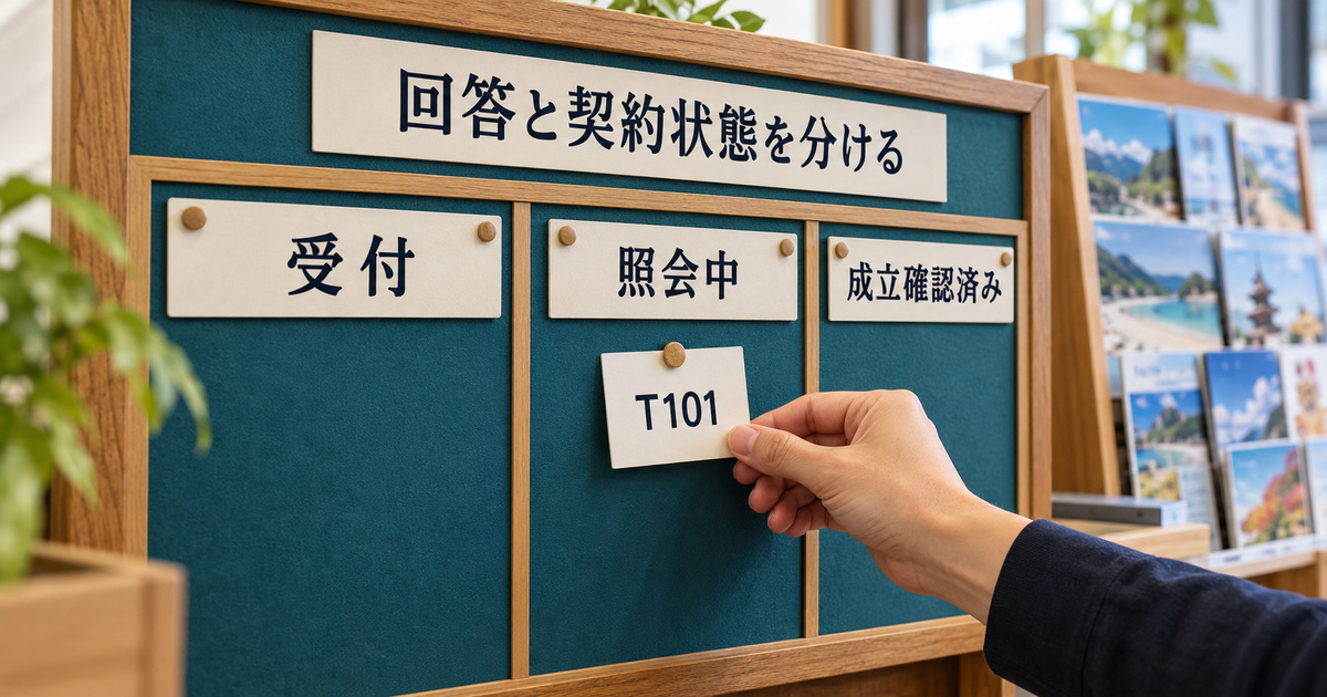 受付・照会中・成立確認済みを区別する架空の管理ボード。本文の六組の数量や実際の契約成立を表す図ではありません