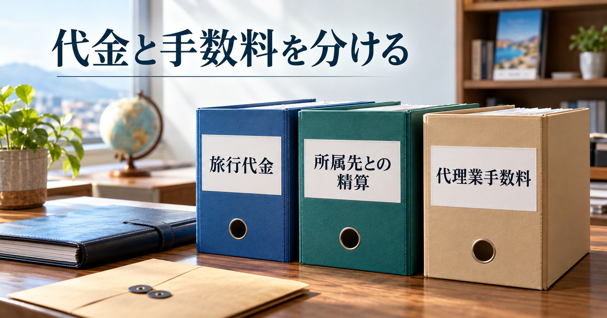 旅行代金・所属先との精算・代理業手数料の区分を示す生成イメージ。実際の会計処理や残高を保証する図ではありません