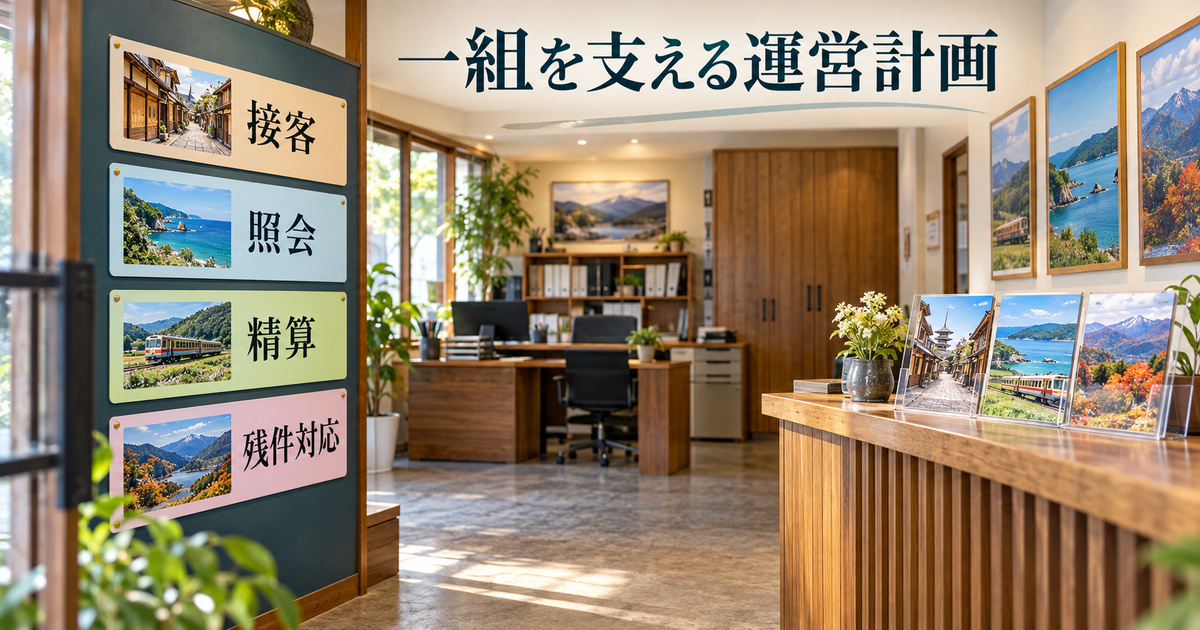 接客・照会・精算・残件対応を含む架空の旅行代理店の運営計画イメージ。標準作業時間や実在店の運営実績ではありません
