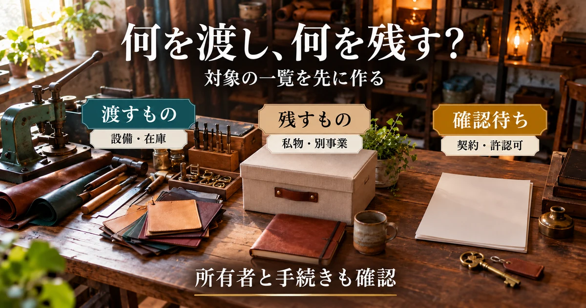 譲渡対象を渡すもの、残すもの、確認待ちに分ける説明用生成画像