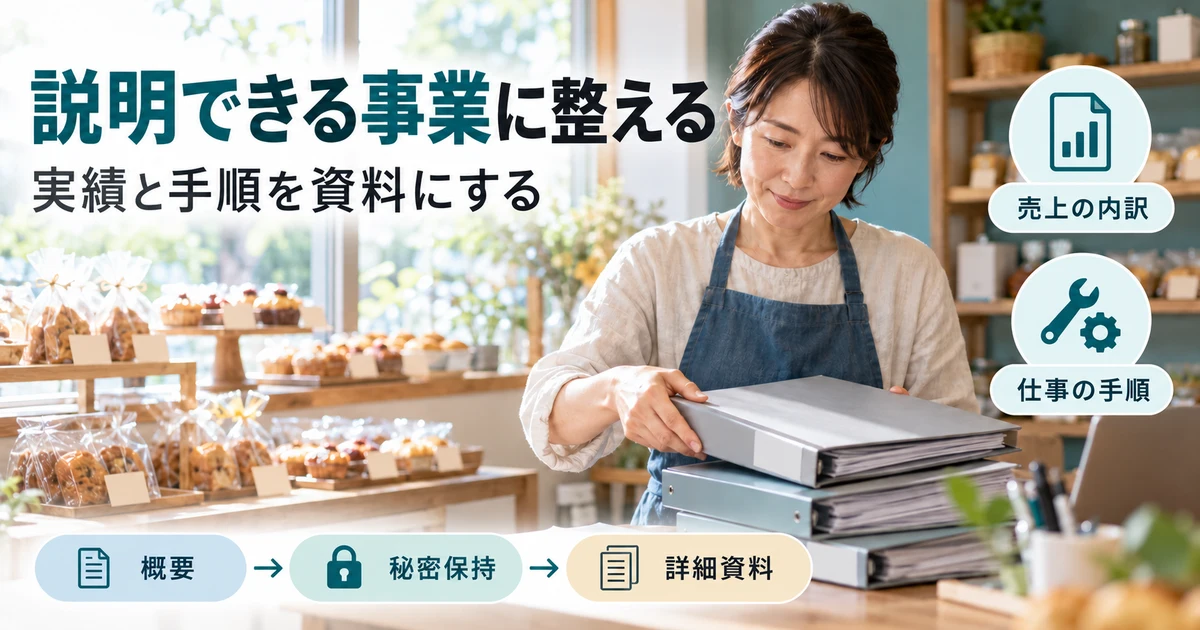 事業の実績と運営手順を資料化し段階的に開示する説明用生成画像