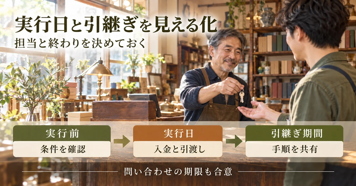 譲渡の実行日と引継ぎ期間の作業を分ける説明用生成画像