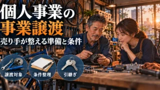 個人事業の譲渡で対象、条件、引継ぎを準備する店主の説明用生成画像