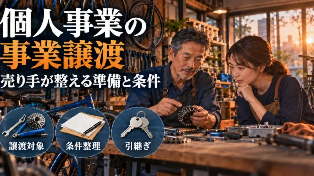 個人事業の譲渡で対象、条件、引継ぎを準備する店主の説明用生成画像