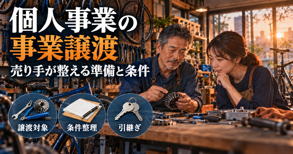 個人事業の譲渡で対象、条件、引継ぎを準備する店主の説明用生成画像
