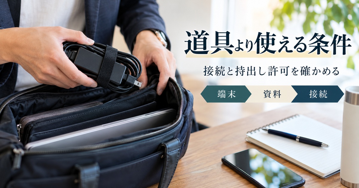 端末・資料・接続の使用条件と持出し許可を確認する。