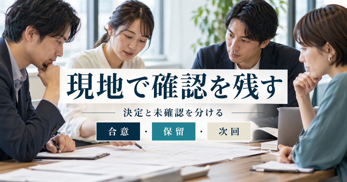 合意・保留・次回を分け、現地の決定と未確認を記録する。