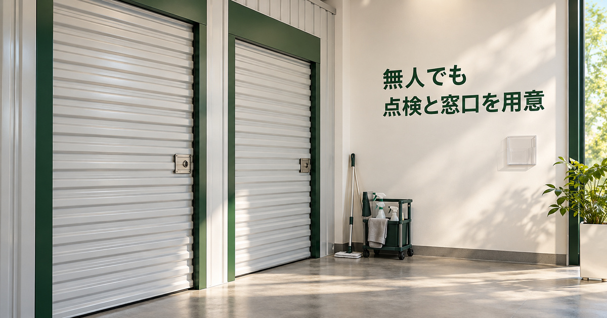 無人運営でも清掃と異常時の連絡先を準備する収納スペース