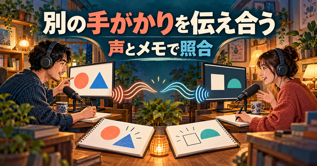 異なる手がかりを表示する二つのPCを前に、二人がマイクとメモで情報を照合するイメージ