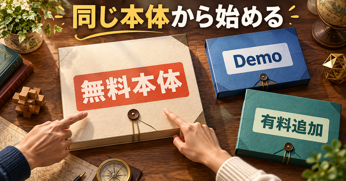 無料本体、Demo、有料追加の三つを分け、二人が同じ本体を選ぶことを示した導入確認図