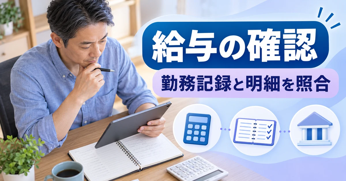 給与の確認： 勤務記録と明細を照合を示す説明用生成画像