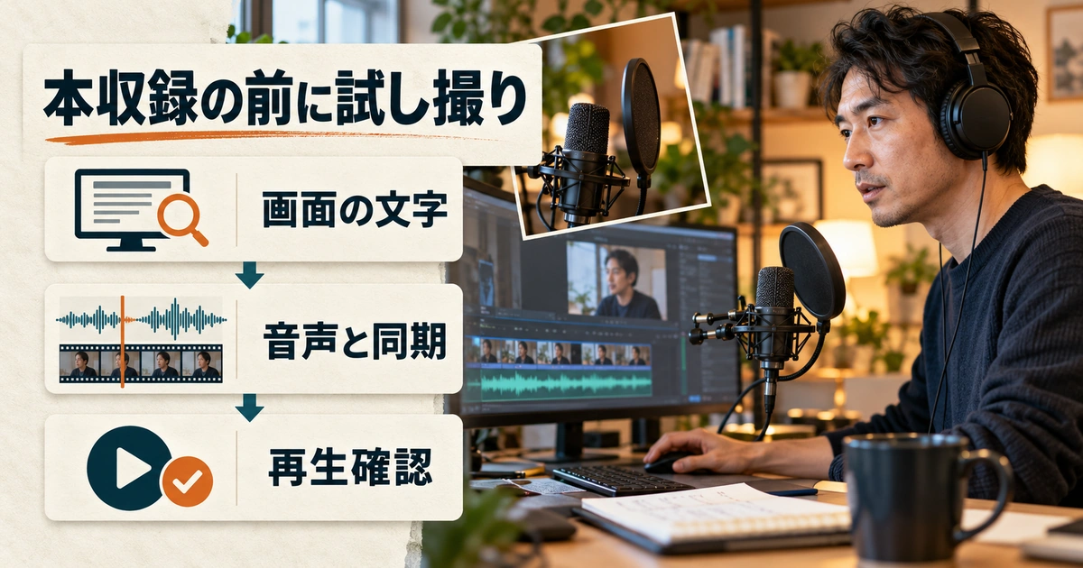 本収録前に画面の文字、左右の音声、映像との同期、再生結果を確認する