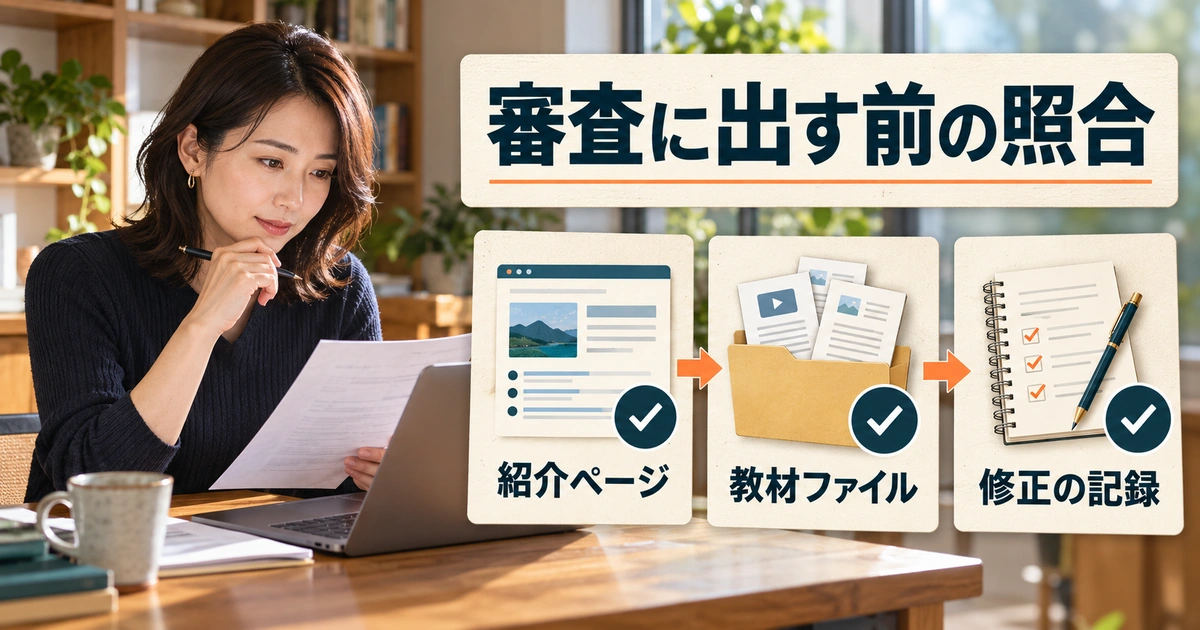 コース紹介ページ、実際の教材、審査で指摘された修正を照合する提出前点検