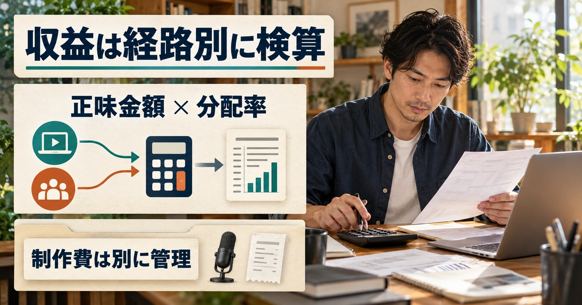 正味金額と販売経路別の分配率を掛け、制作費と作業時間を別に管理する考え方