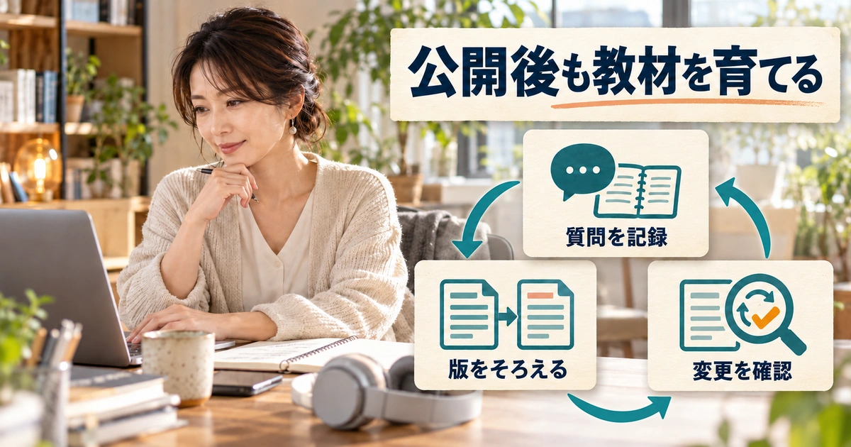 受講者の質問、教材の版、収益レポートを記録し公開後の変更を確認する