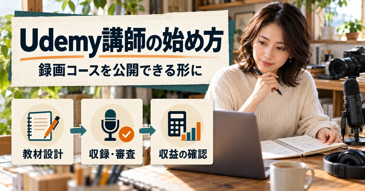 録画教材の設計、収録と品質審査、収益確認を進めるUdemy講師の制作イメージ