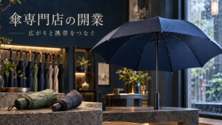 青い雨傘の広がりと折りたたんだ傘を見せる、傘専門店の架空の表紙
