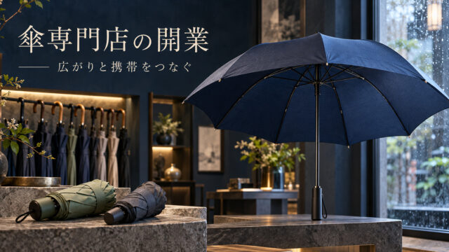 青い雨傘の広がりと折りたたんだ傘を見せる、傘専門店の架空の表紙