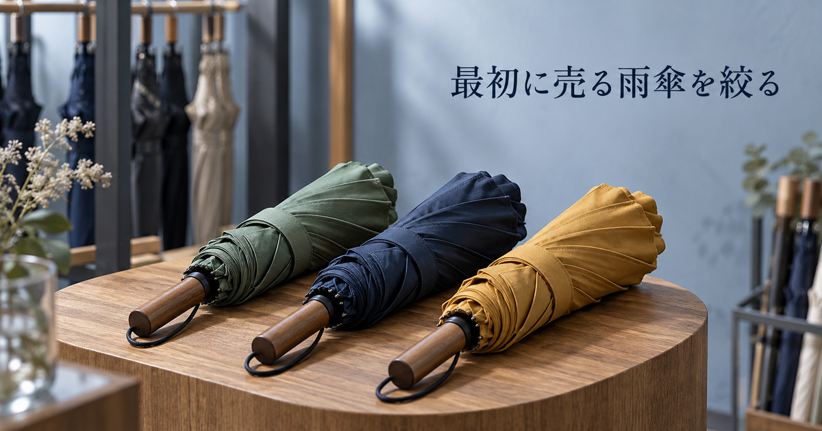 落ち着いた三色の折りたたみ雨傘を低い売場に並べた、取扱範囲を考える架空の場面