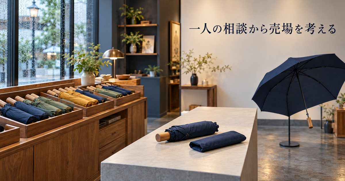 傘の展示と現物確認の場所を分けた、小さな専門店の準備を考える架空の場面