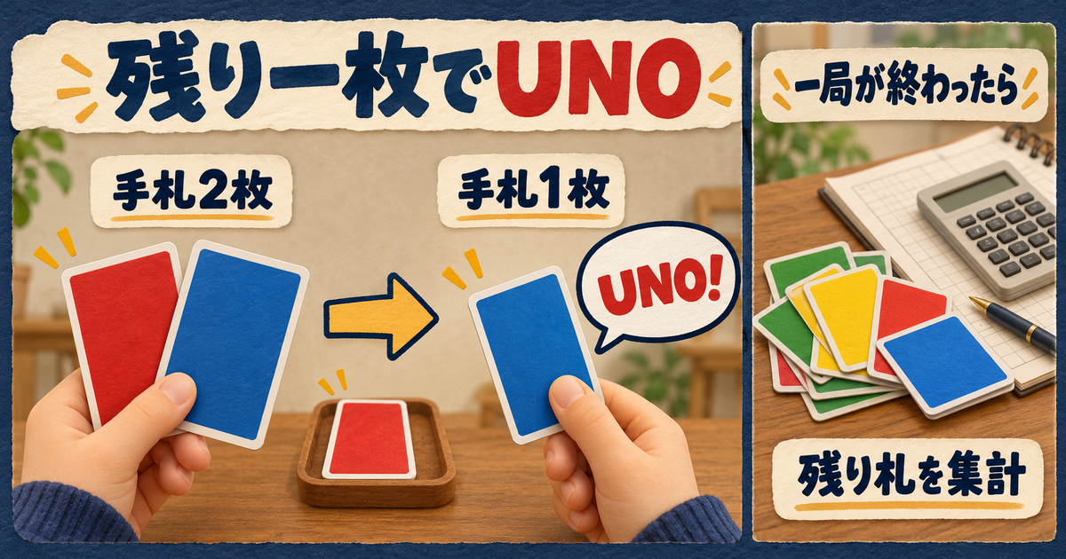 残り一枚への変化で宣言し、終了後は残り札を集計する図