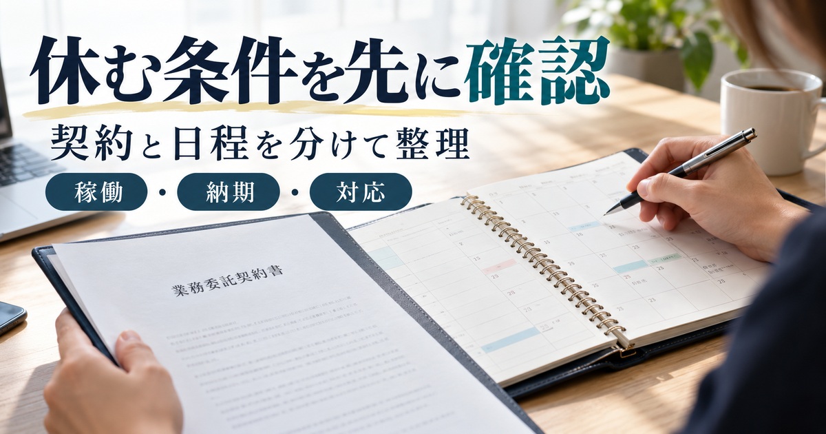 稼働・納期・対応の条件を確認し、契約と休暇の日程を分けて整理する。