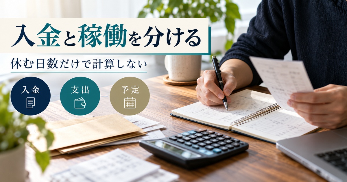 入金・支出・予定を整理し、休む日数と入出金を分けて考える。