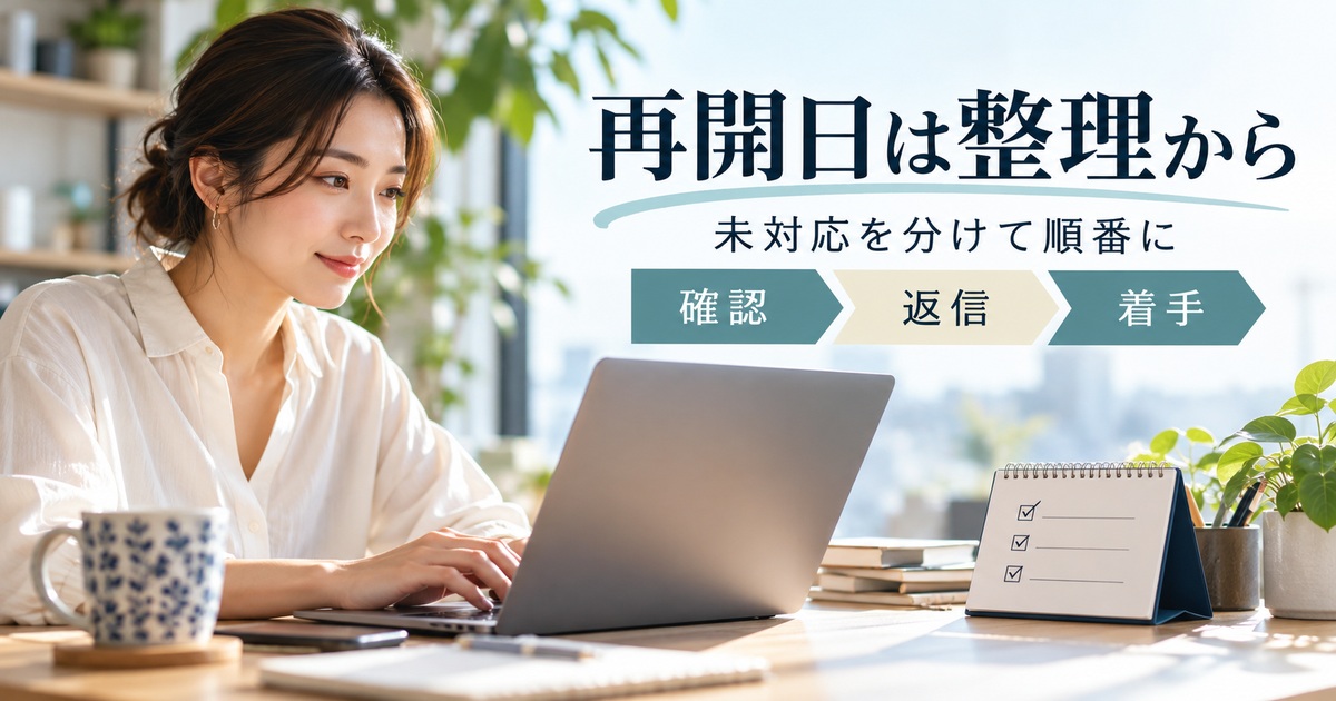 確認・返信・着手の順に整理して休暇後の仕事を再開する。