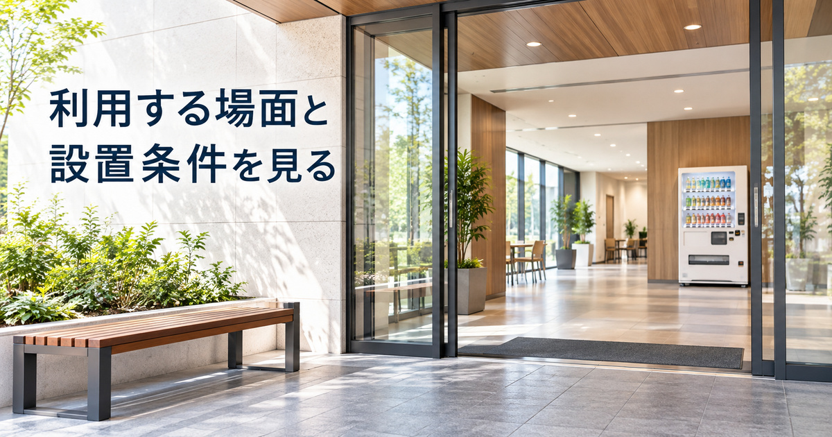 自動販売機を使う人の入口から設置先の条件を確かめるイメージ