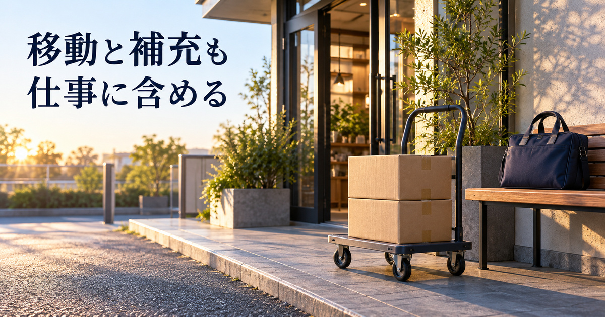 飲料の運搬準備と会社員の仕事時間を一緒に考えるイメージ