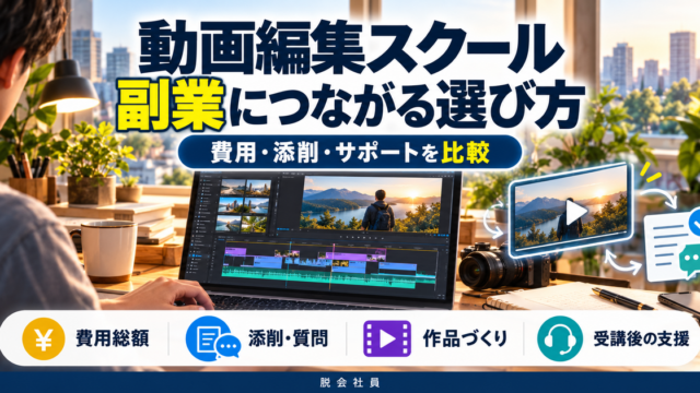 動画編集スクールの副業につながる選び方として、費用総額・添削と質問・作品づくり・受講後の支援を比較する画像