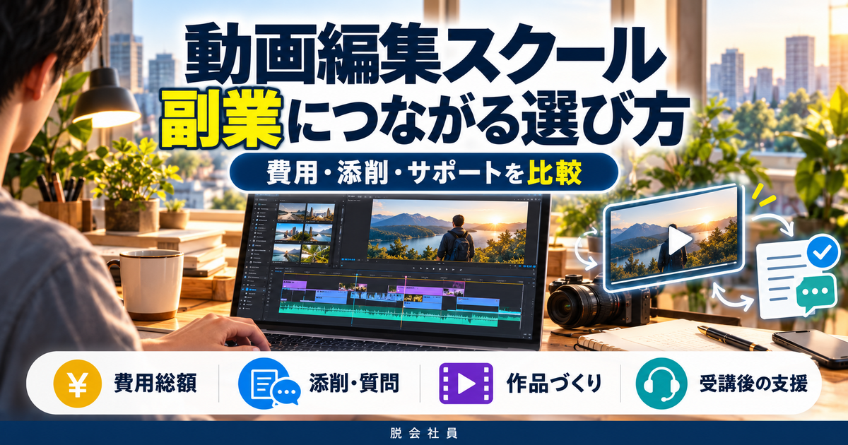 動画編集スクールの副業につながる選び方として、費用総額・添削と質問・作品づくり・受講後の支援を比較する画像