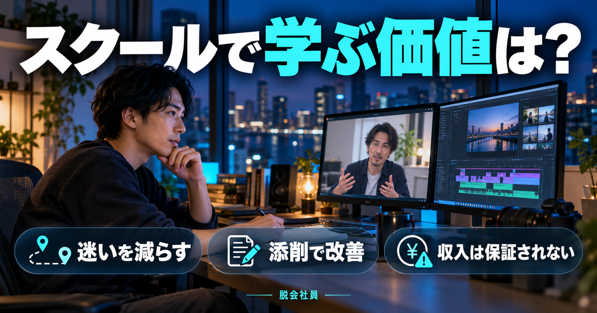 動画編集スクールの学ぶ価値を、迷いの軽減・添削・収入保証の有無で整理した画像
