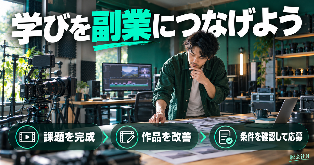 動画編集の学習から課題完成・作品改善・条件確認を経て応募する流れを示した画像