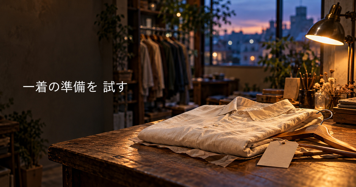 夕方の作業台で一着のシャツの販売準備を進める古着店のイメージ