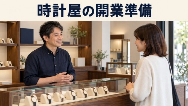 時計店の店主と成人客が腕時計について相談するイメージ