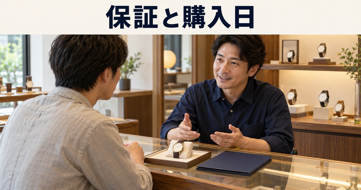 店主が腕時計の購入時の案内を確認するイメージ