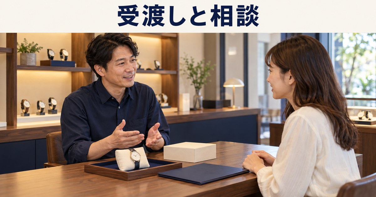 店主と成人客が購入する時計と案内を確認するイメージ