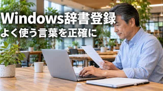Windowsの辞書登録で正しい語句を入力する男性の説明用生成画像