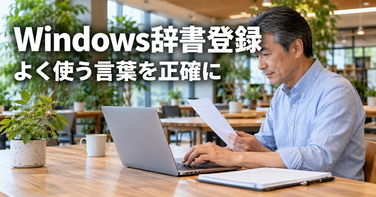 Windowsの辞書登録で正しい語句を入力する男性の説明用生成画像