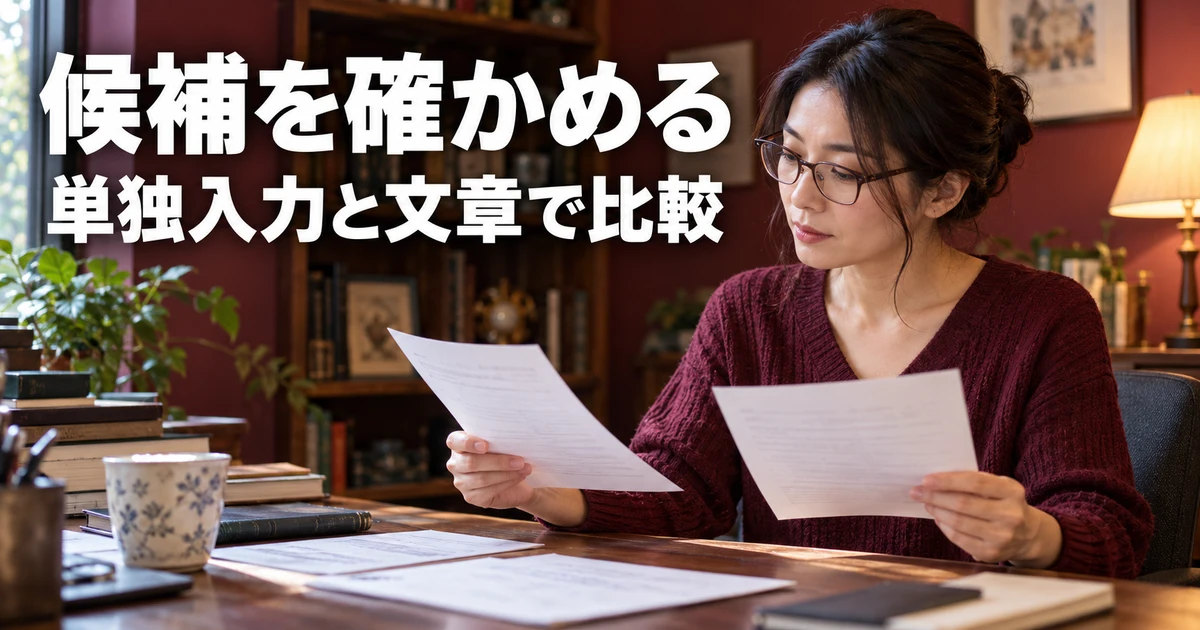 登録した候補を単独入力と文章で確かめる女性の説明用生成画像
