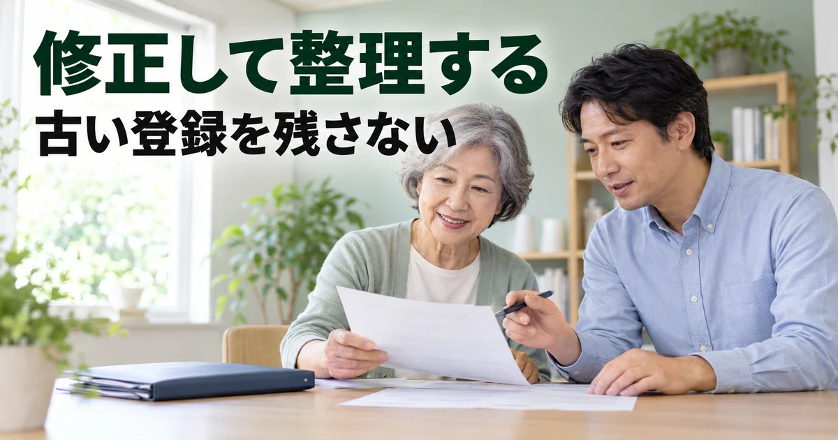 古い登録内容を確認して修正する二人の説明用生成画像