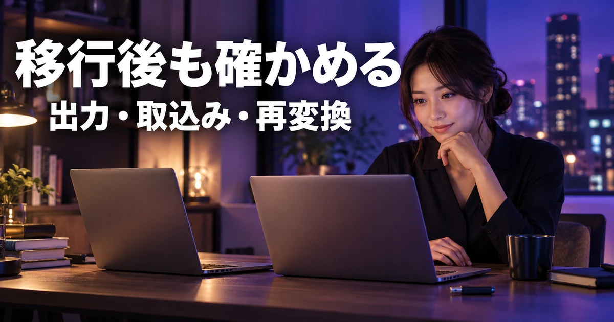 別のパソコンへ辞書を移す前に内容を点検する女性の説明用生成画像
