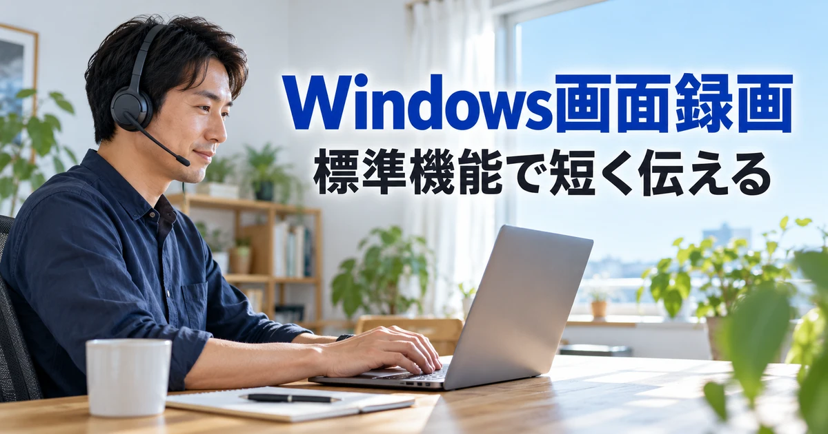 Windows標準機能で短い操作説明動画を準備する男性の説明用生成画像