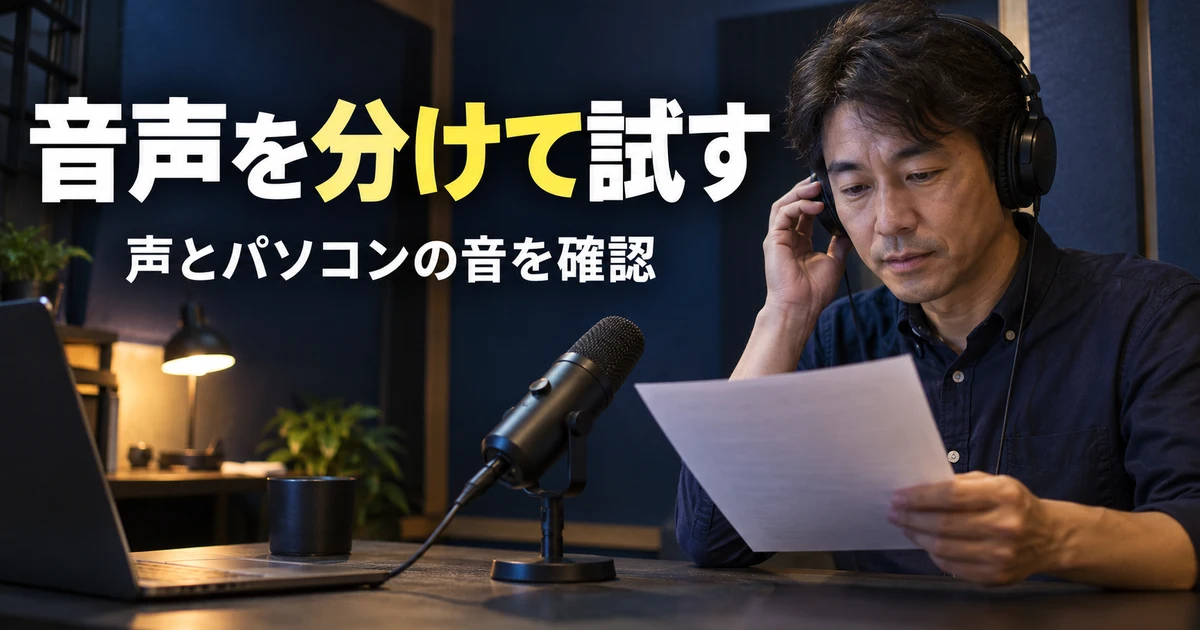 マイクとパソコン音の聞こえ方を確認する男性の説明用生成画像