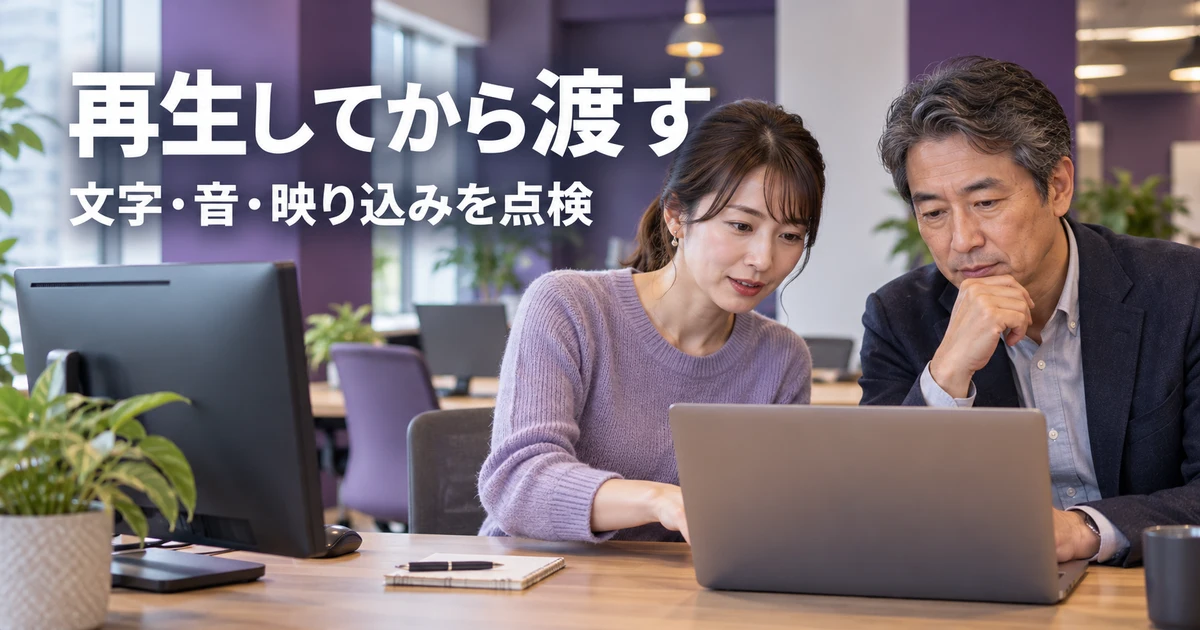 保存した録画の文字と音を点検して共有を準備する二人の説明用生成画像